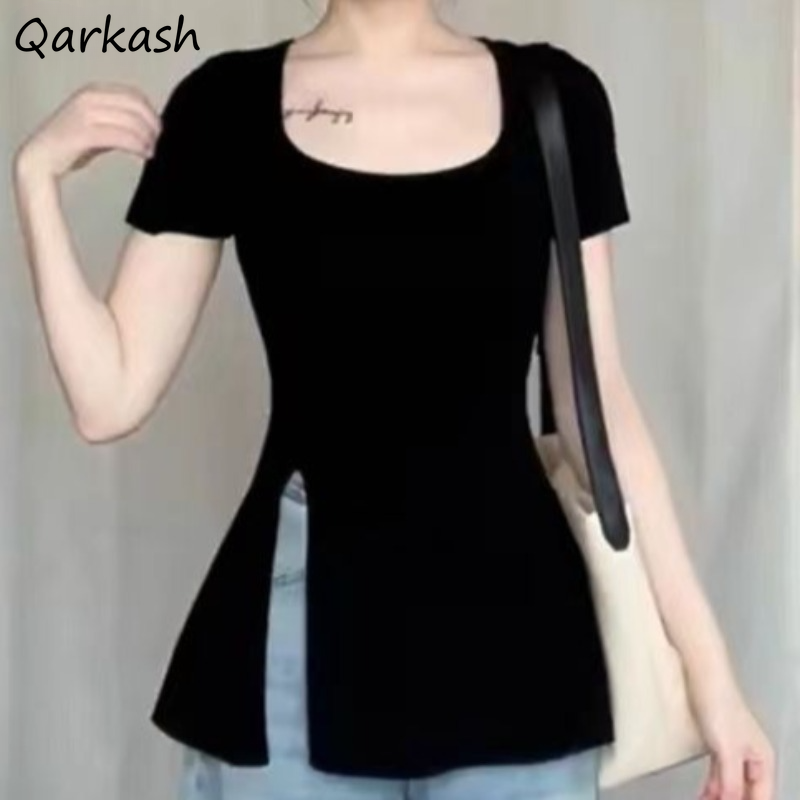 Street Fashion Korean Girl - 여성용 올 매치 슬릿 디자인 티셔츠,