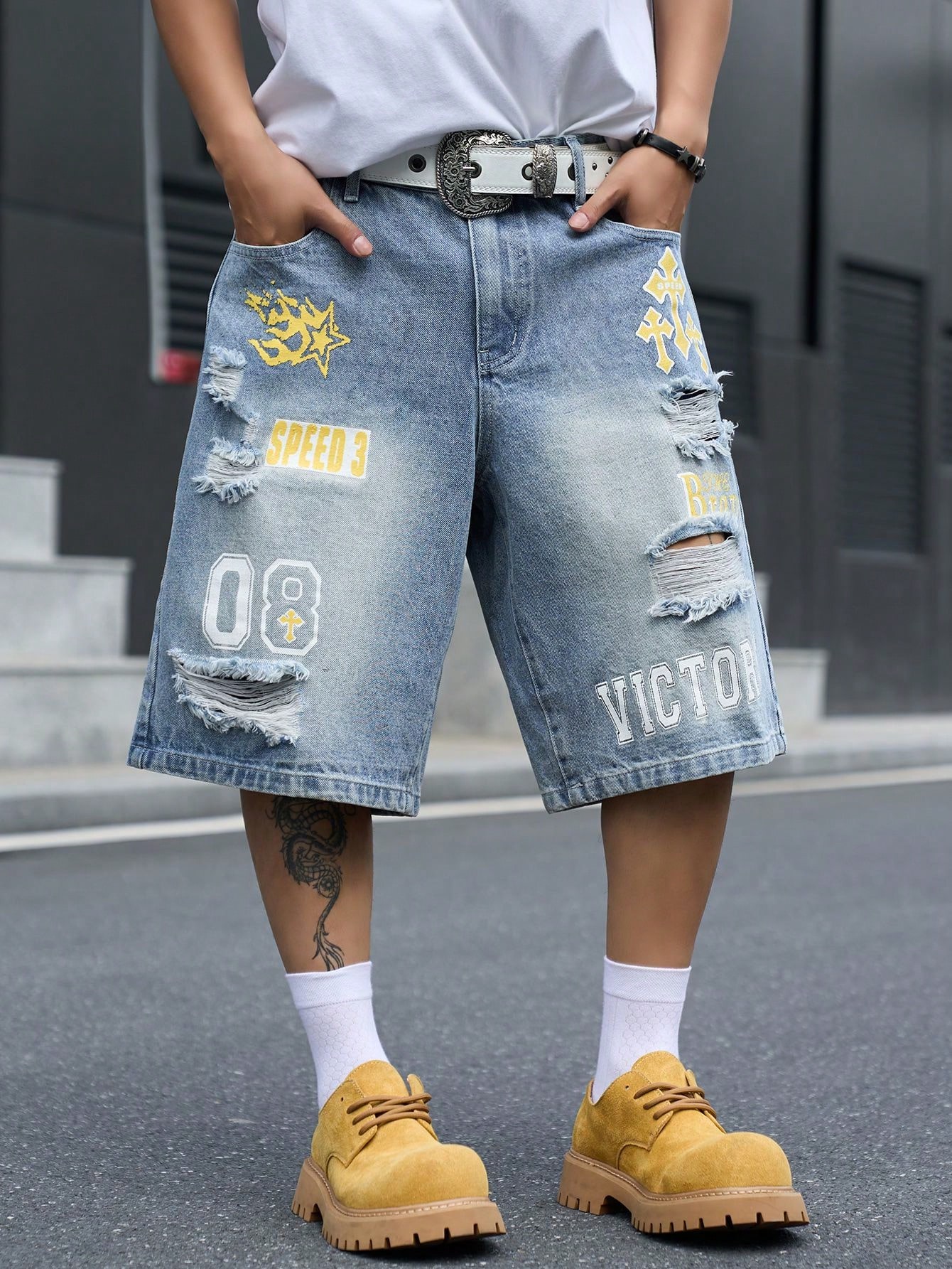 Street Fashion Art - 남성용 루즈핏 데님 버뮤다 반바지, 빈티지