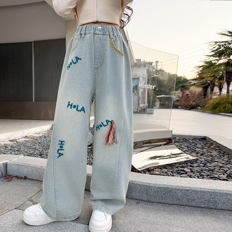 새로운 가을 한국 어린이 레터링 태슬 데님 팬츠, 여아 - Street Fashion Korean Girl 리뷰 및 가격