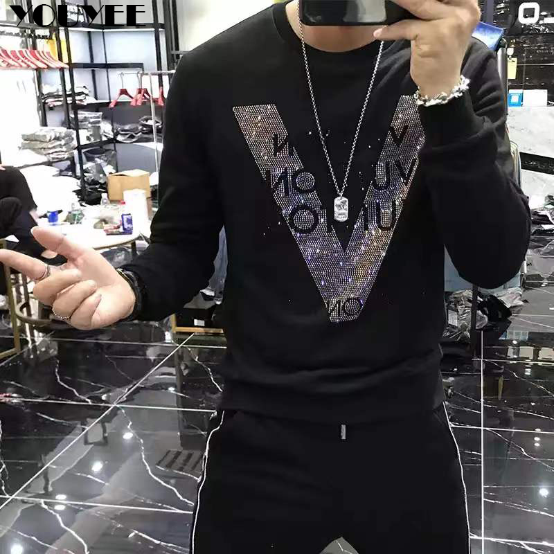 남성 후드 품질 V 자형 패턴 라인 석 풀오버 새로운  - Street Fashion Elements 리뷰 및 가격