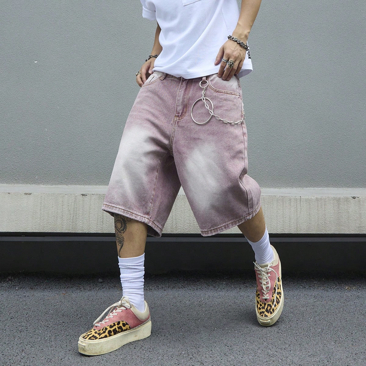남성용 핑크 그라데이션 데님 반바지 빈티지 워시 배기  - Street Fashion Art 리뷰 및 가격