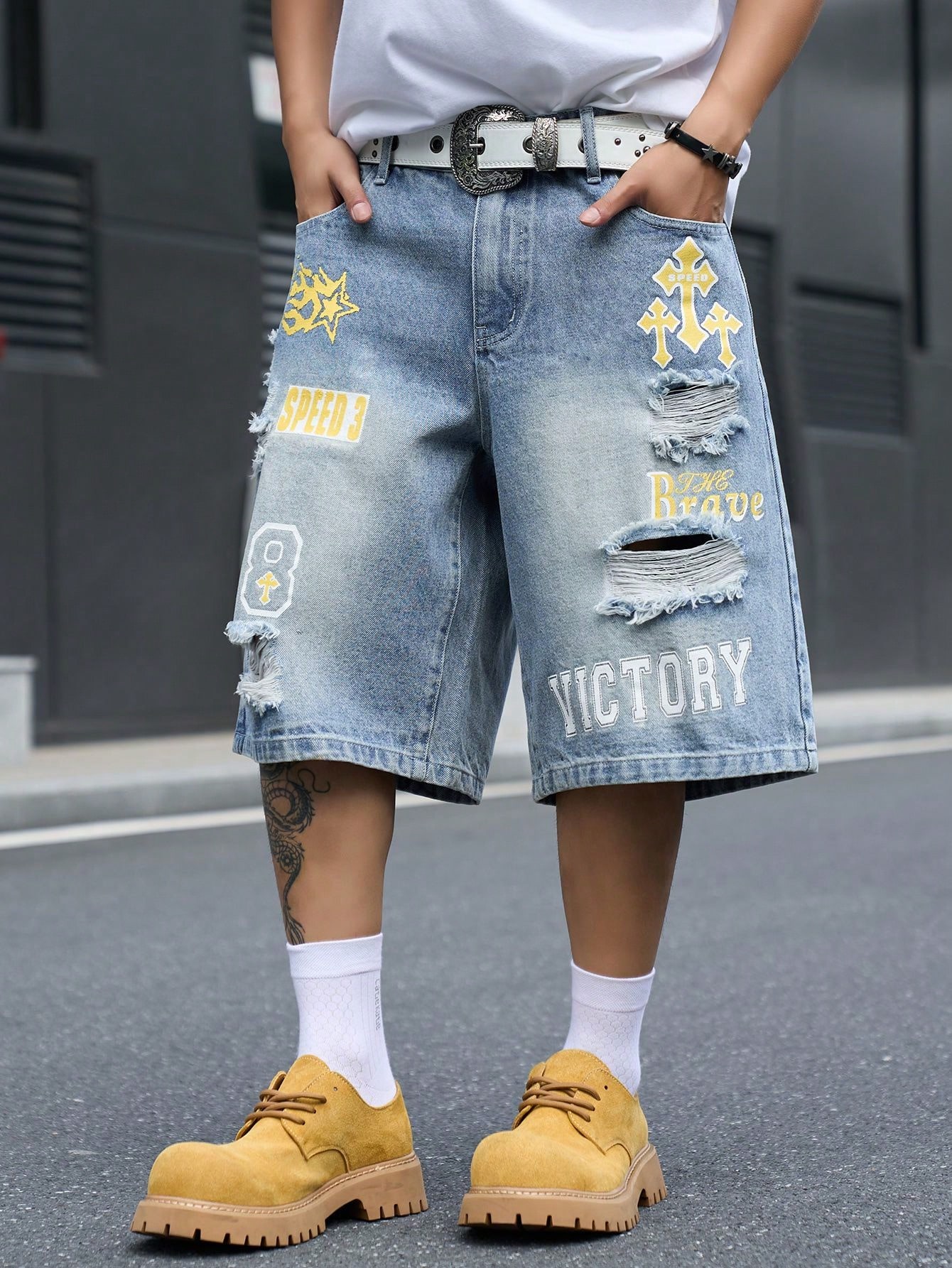 남성용 루즈핏 데님 버뮤다 반바지, 빈티지 디스트레스드 - Street Fashion Art 리뷰 및 가격