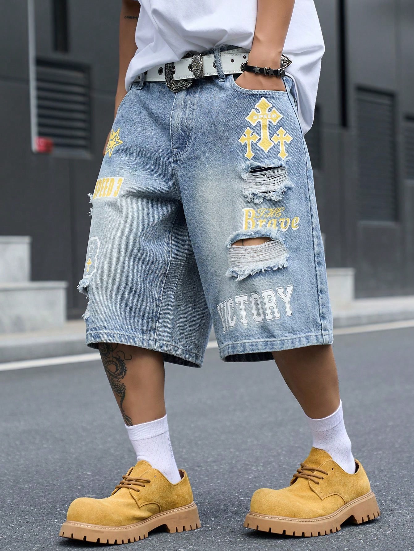남성용 루즈핏 데님 버뮤다 반바지, 빈티지 디스트레스드 - Street Fashion Art 리뷰 및 가격